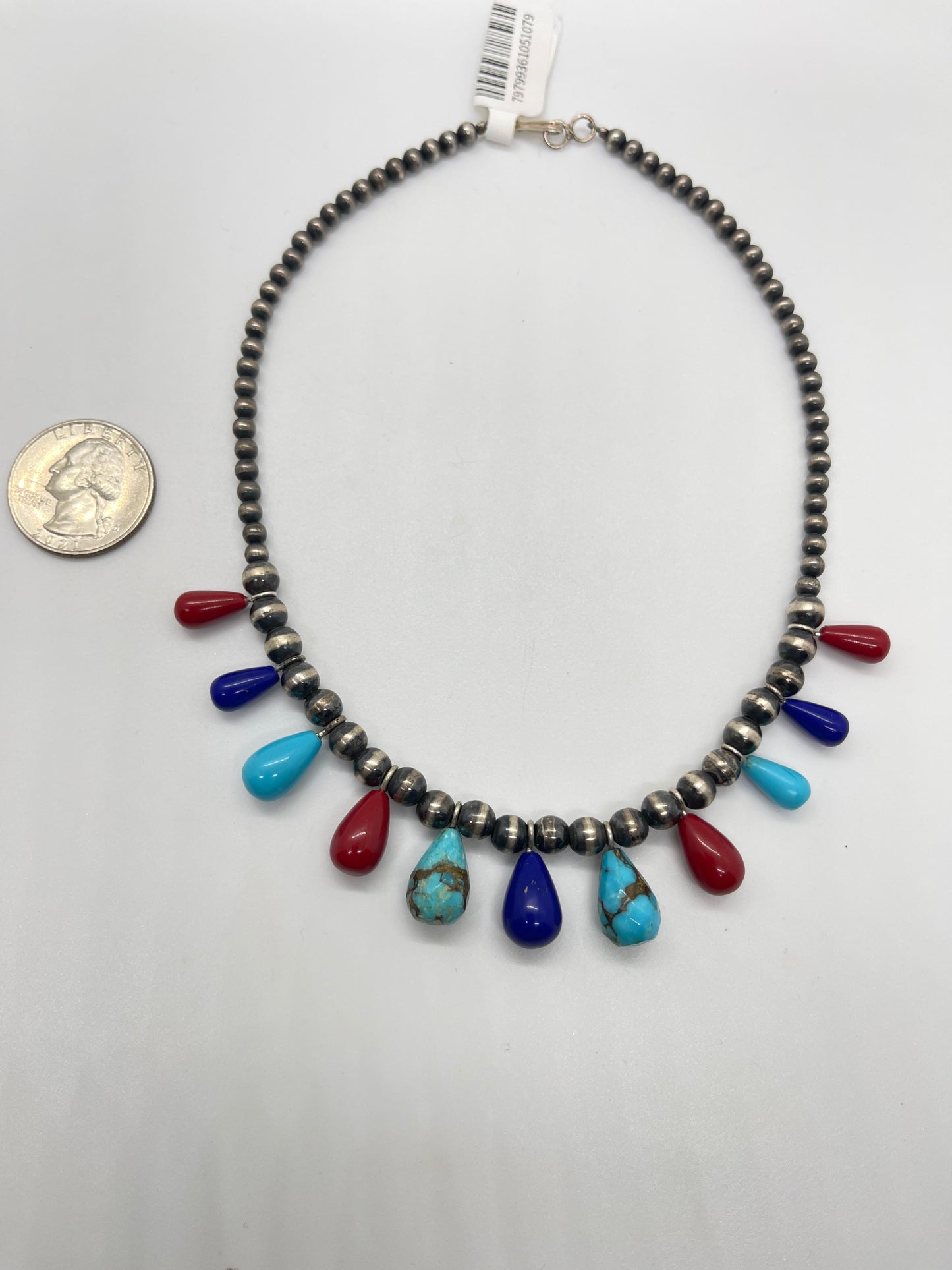 14" 4-6mm Turquoise, Coral, and Lapis Teardrop Navajo Pearls Necklace