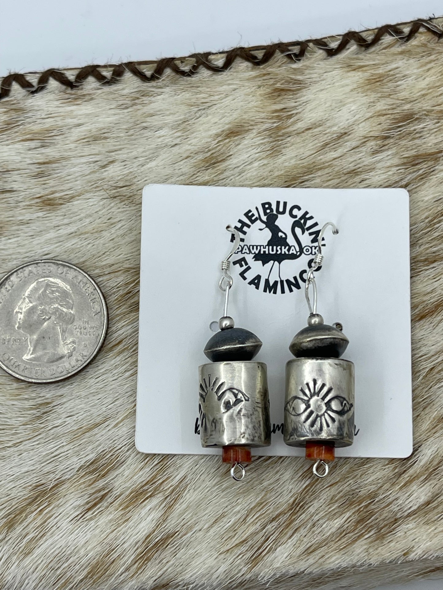 Handmade Red Spiny Barrel Navajo Pearl Beaded Dangle Earrings by Shelby Montoya, Navajo