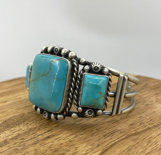 5 3/4"-7 1/4" Kingman Turquoise 3 Stone Square Cuff by Augustine Largo, Navajo