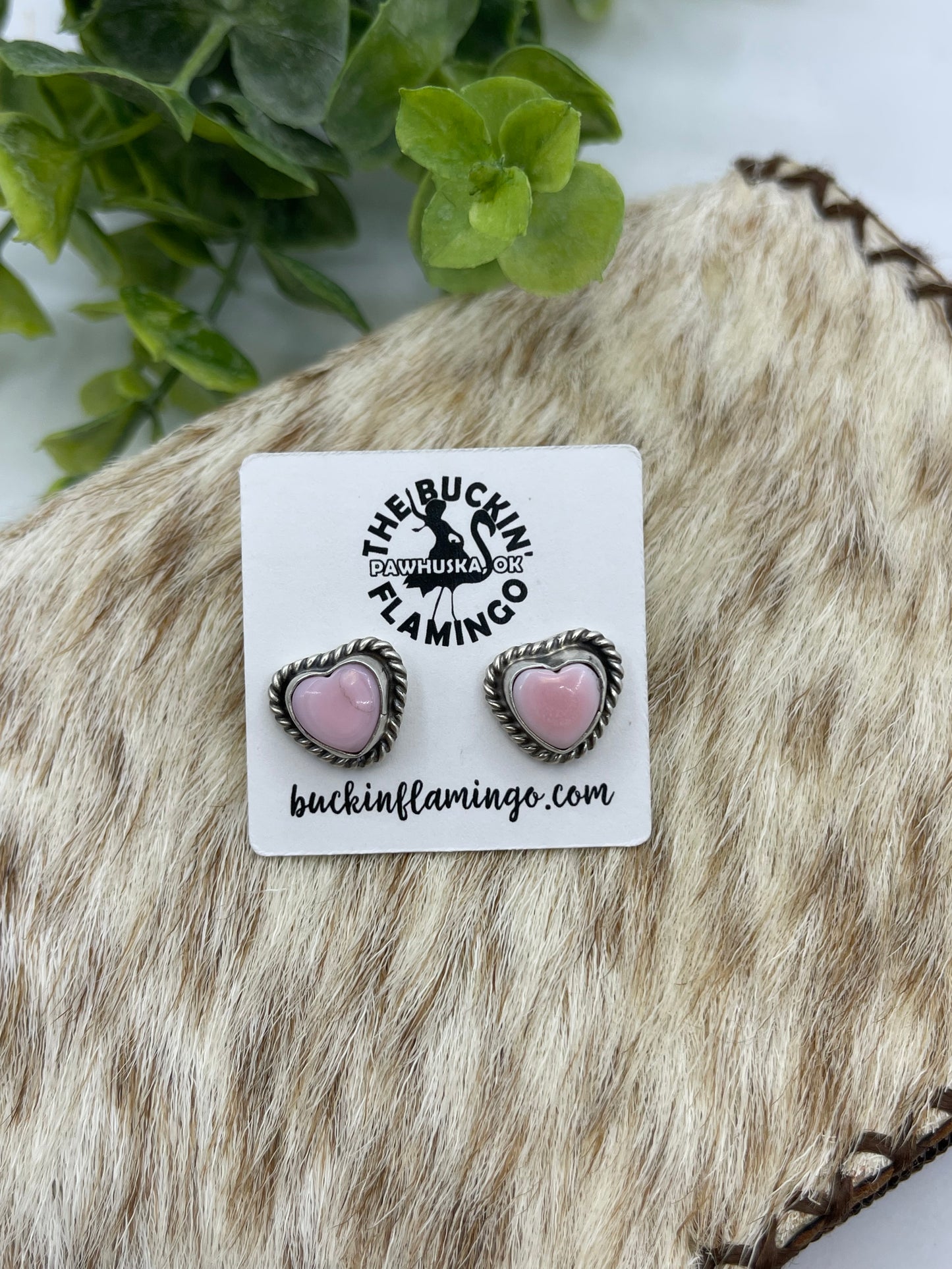 Pink Conch Heart Post Earrings by Larson Chee, Navajo