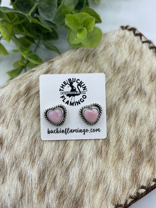 Pink Conch Heart Post Earrings by Larson Chee, Navajo