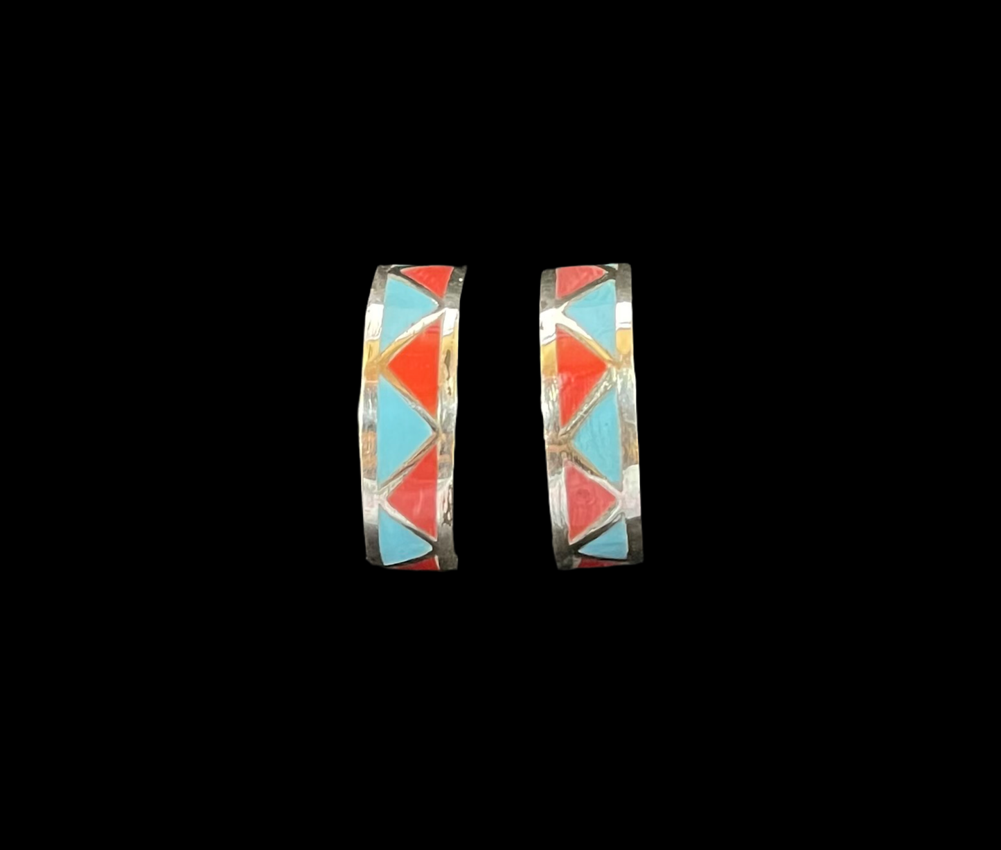 Sleeping Beauty Turquoise and Red Coral Inlay Half Hoop Post Earrings by Roger Morgan, Navajo