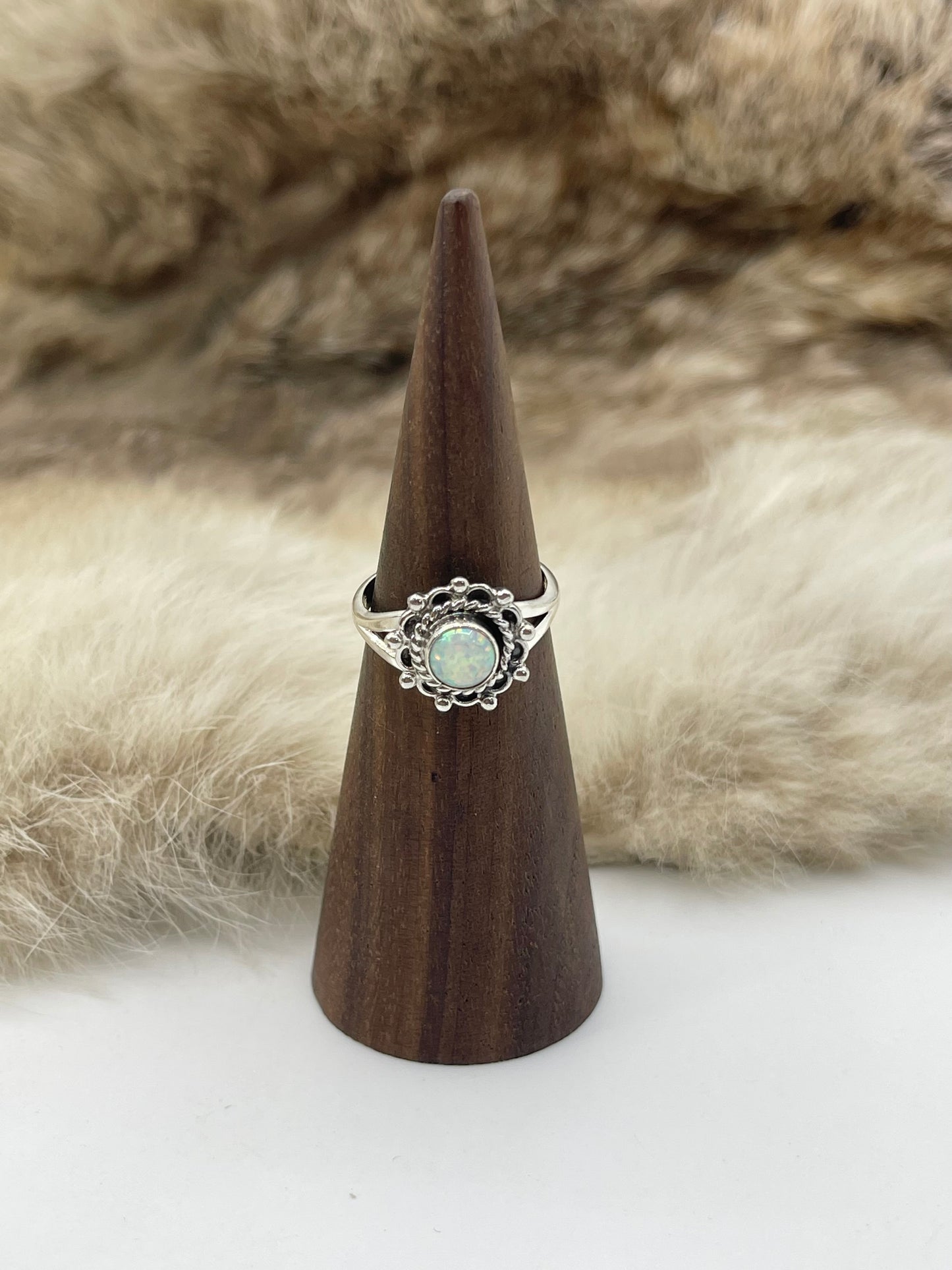 9.0 Single Stone White Opal Ring by Theresa Smith, Navajo