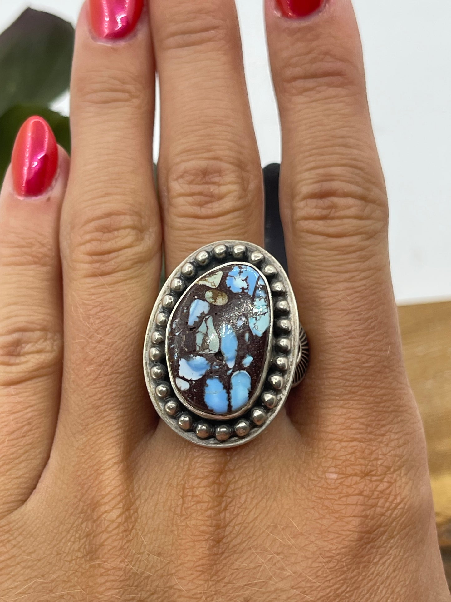 9.5 Golden Hills Mosaic Turquoise Oval Ring by Gilbert Nez, Navajo