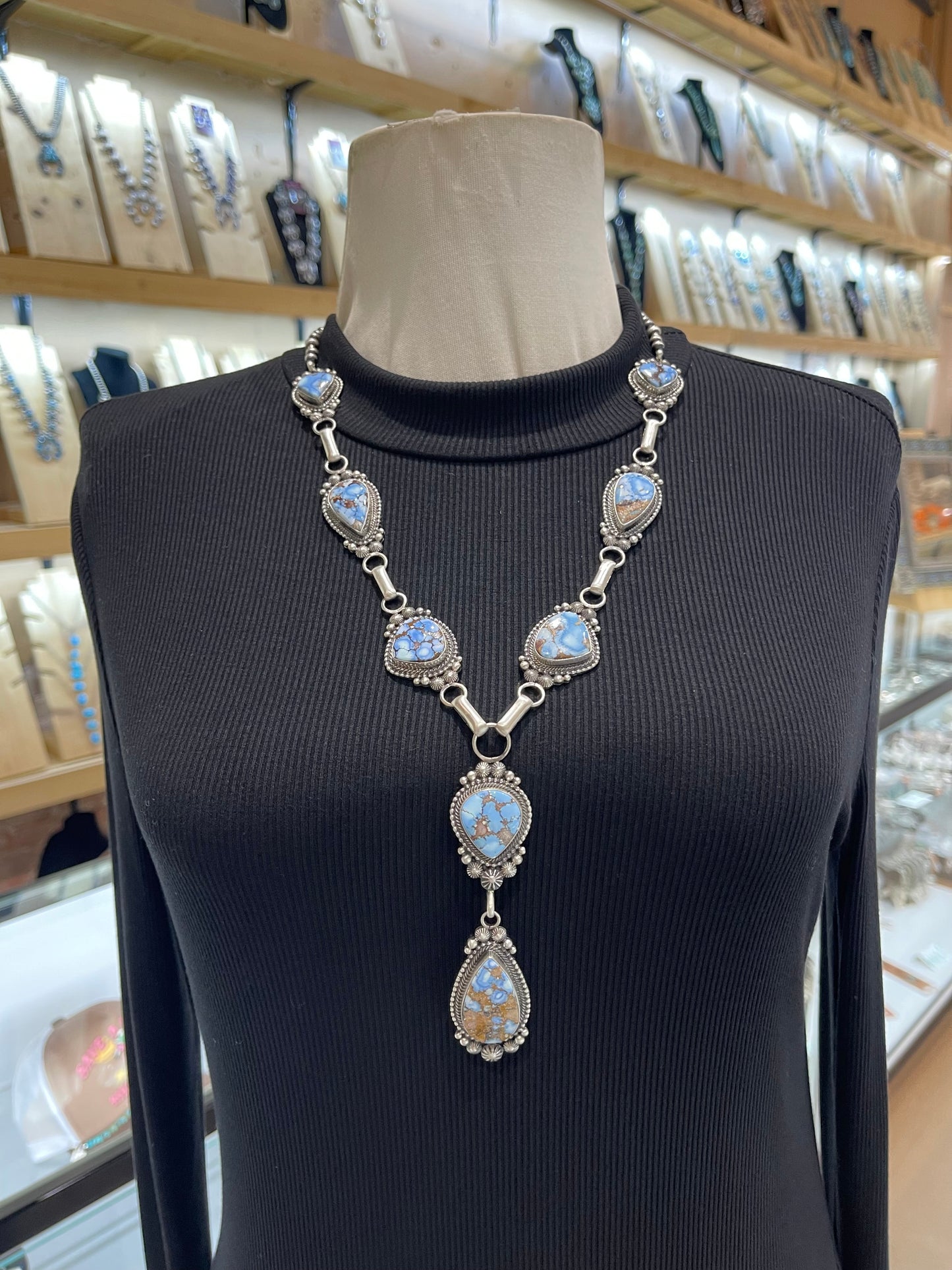Golden Hills Turquoise Lariat 24”+4” Necklace & Earring Set by Tom Lewis, Navajo