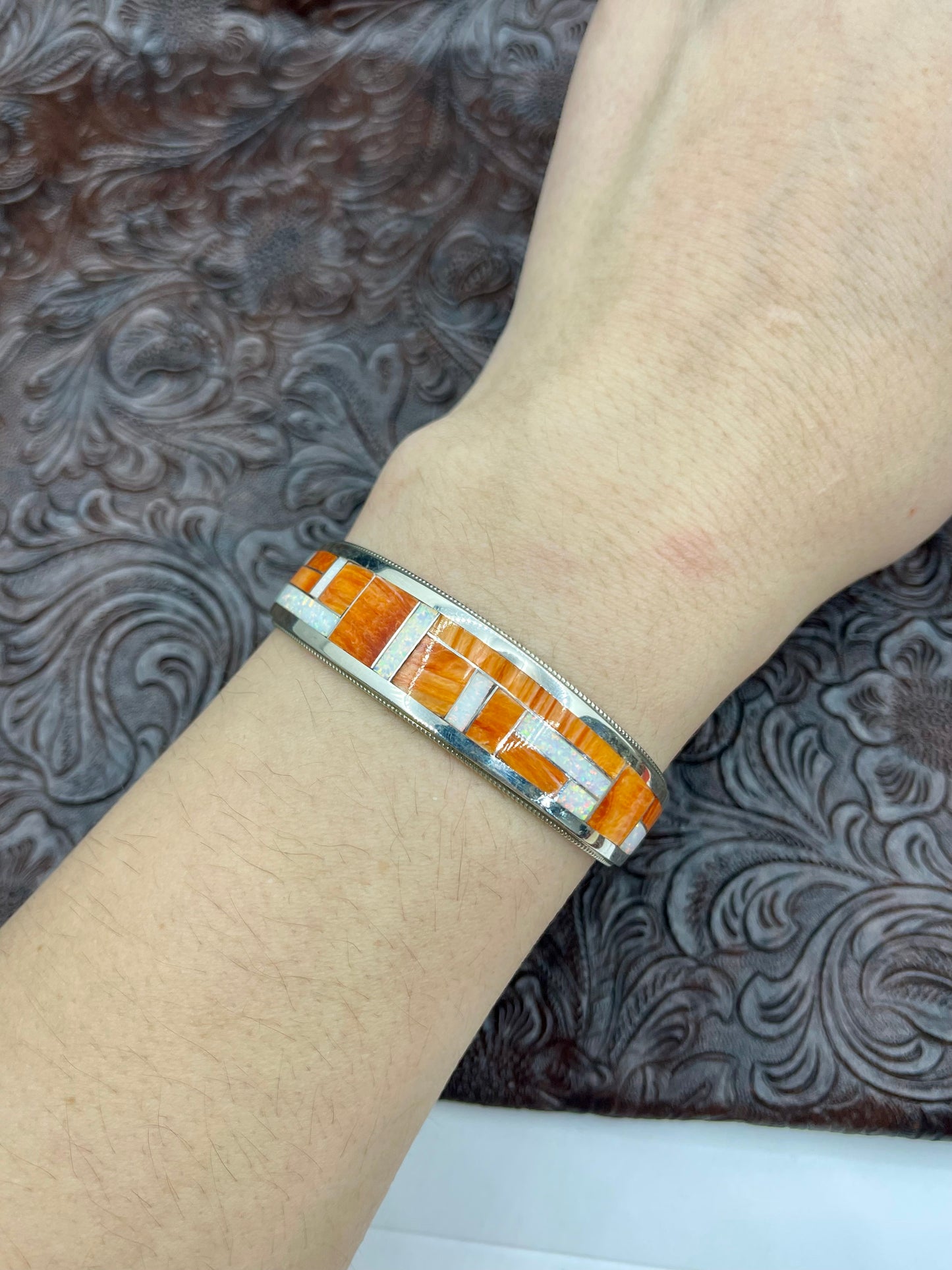 6.25" Orange Spiny Oyster & Opal Inlay Cuff