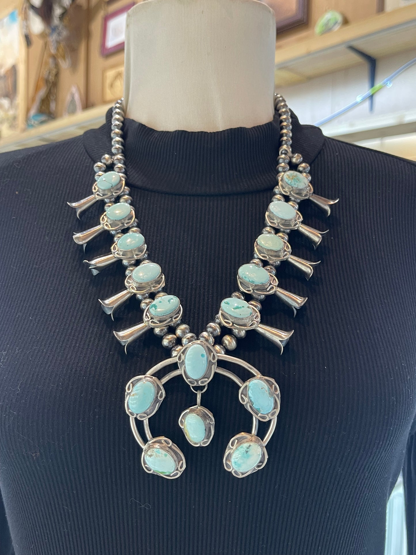 22" Dry Creek Turquoise Squash Blossom by Gilbert Nez, Navajo