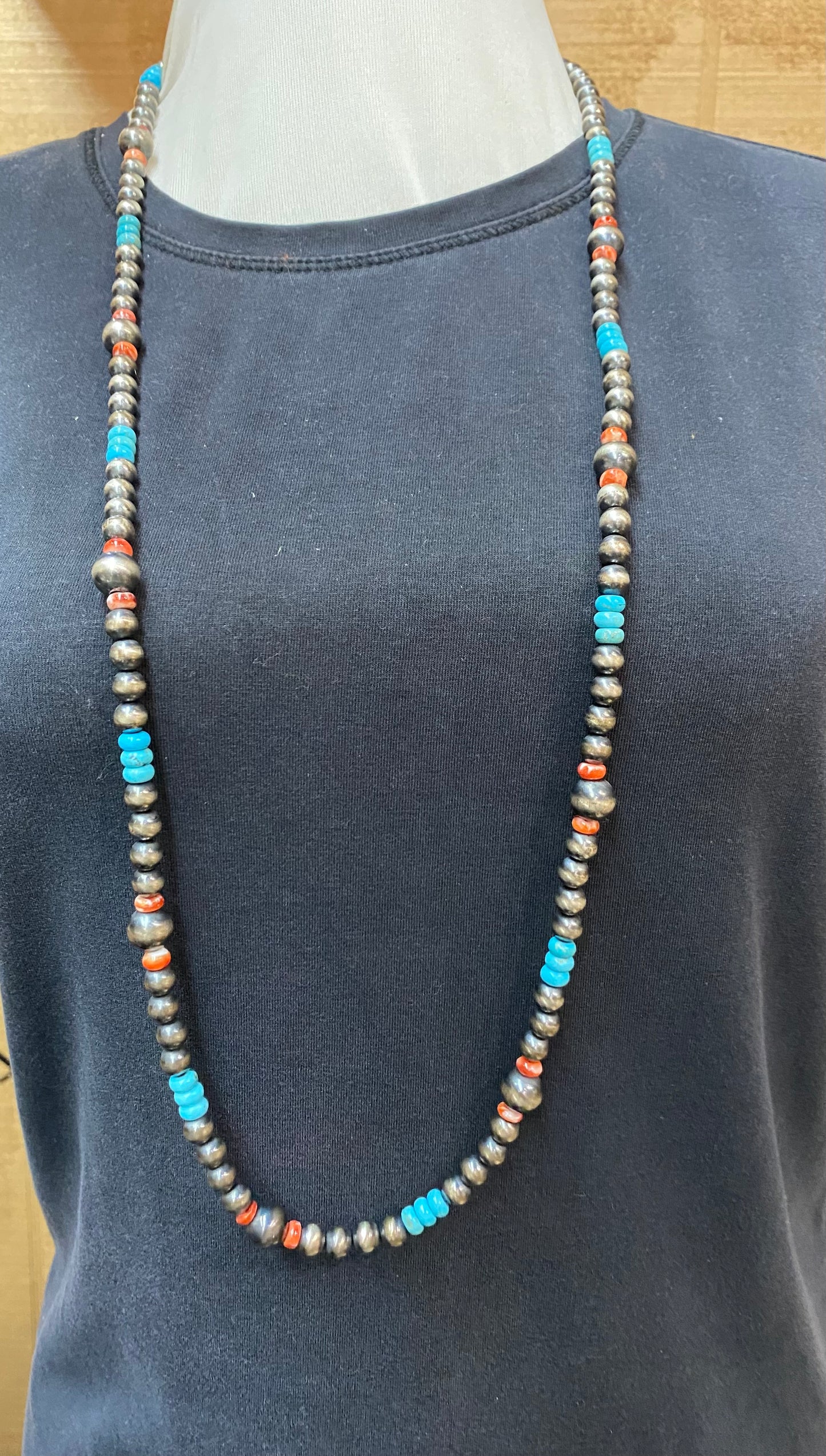 34" Graduated Navajo Pearls with Sleeping Beauty Turquoise and Spiny Oyster Shell Beads