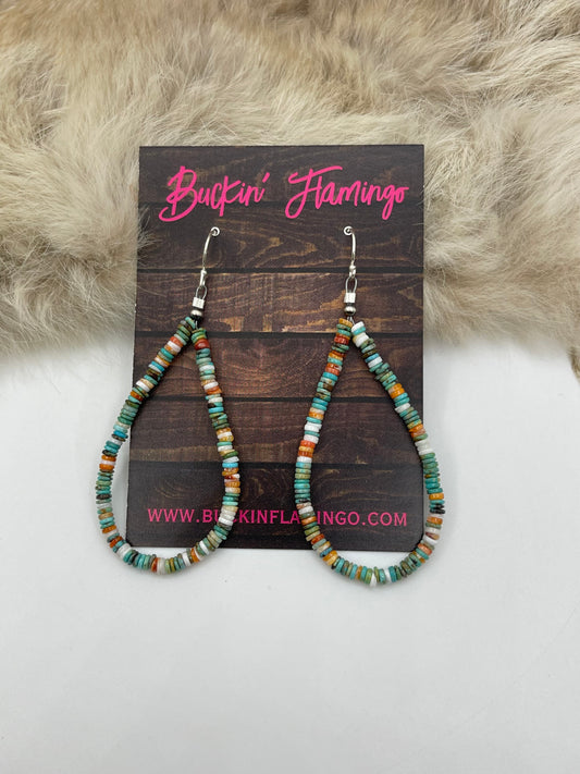 3.5mm “Orange Crush” Turquoise & Orange Spiny Oyster Heishi Bead Teardrop Earrings