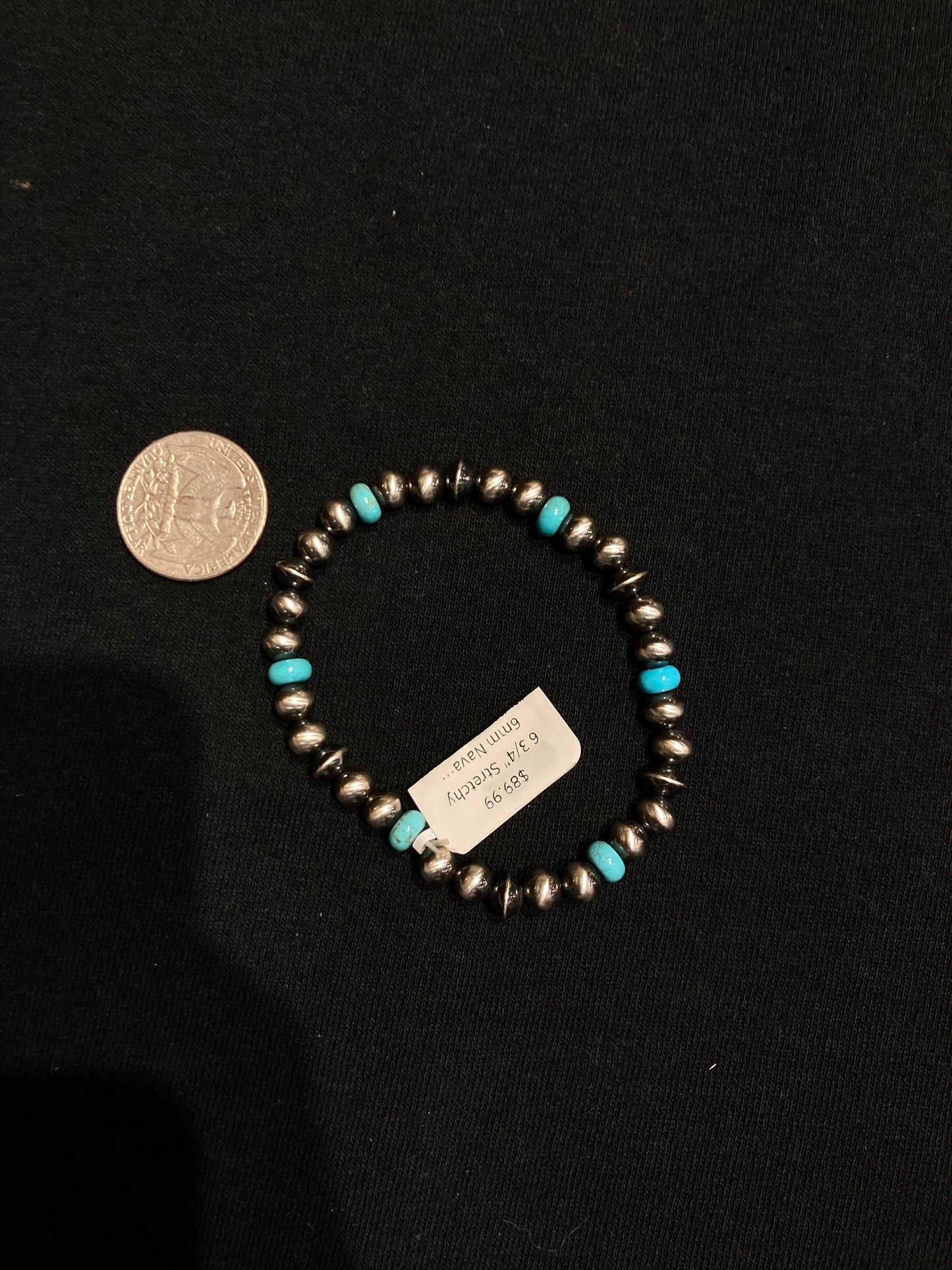 6 3/4" Stretchy 6mm Navajo Pearls and Turquoise Bracelet