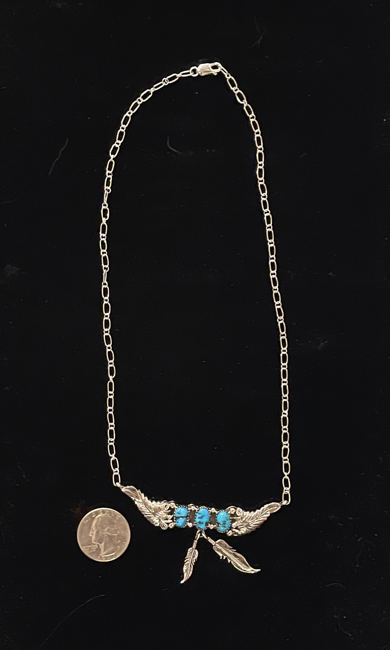 18" Feather Necklace with Kingman Turquoise by Sadie Jim, Navajo