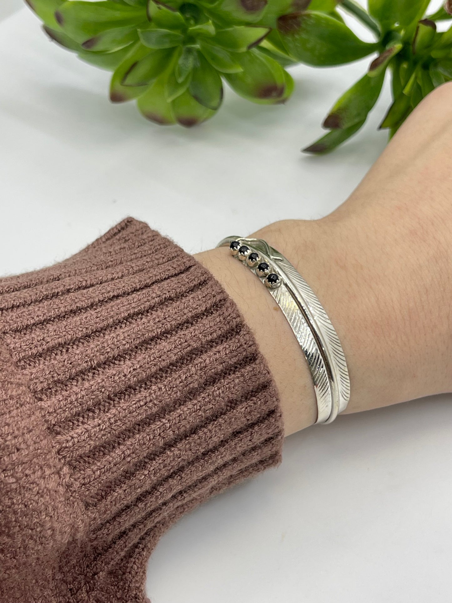 5.5" - 7" 5 Stone Black Onyx Feather Cuff by Aaron Davis, Navajo