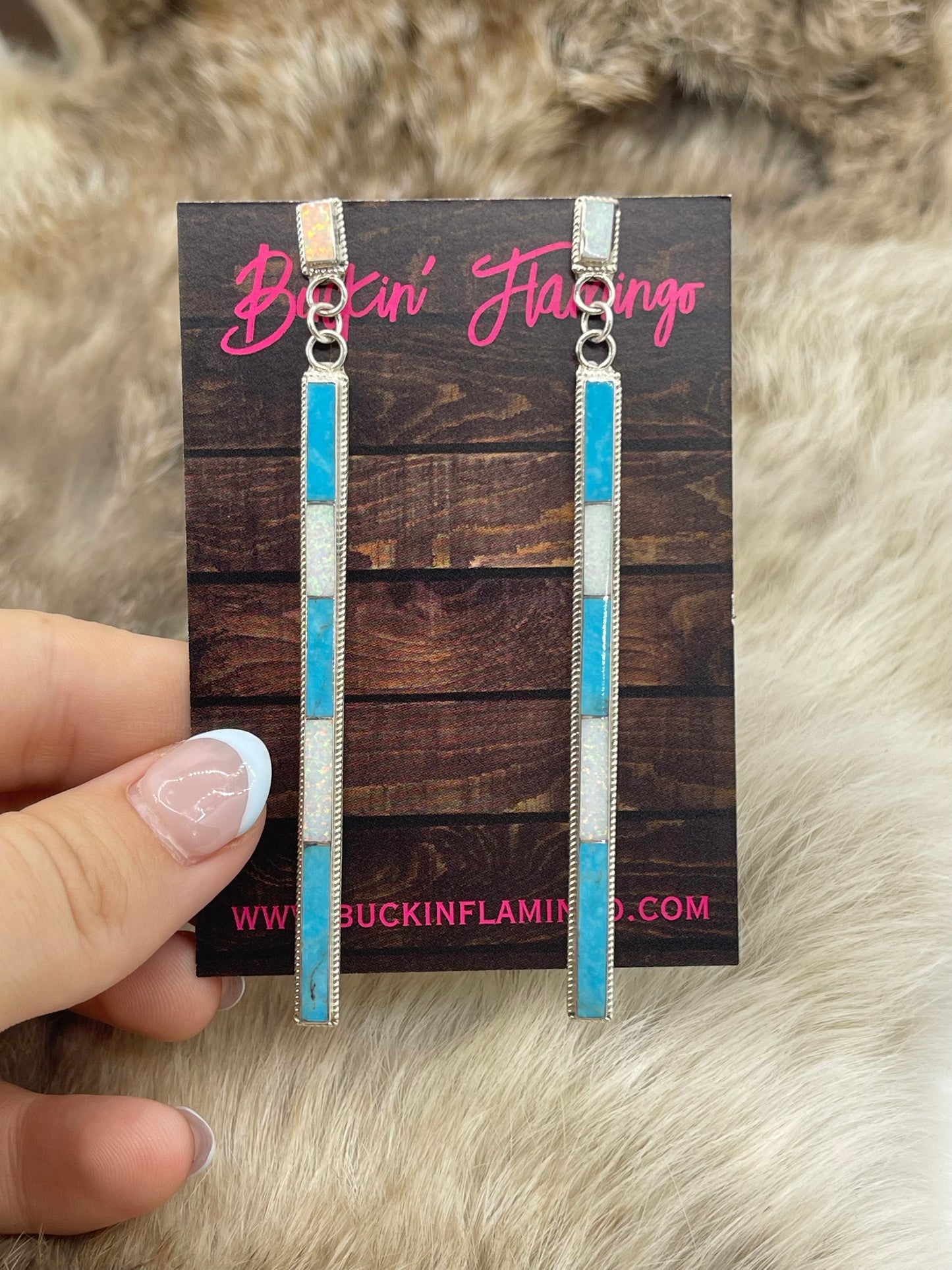 Turquoise & White Opal Long Inlay Dangle Earrings by Kayla Concho, Zuni