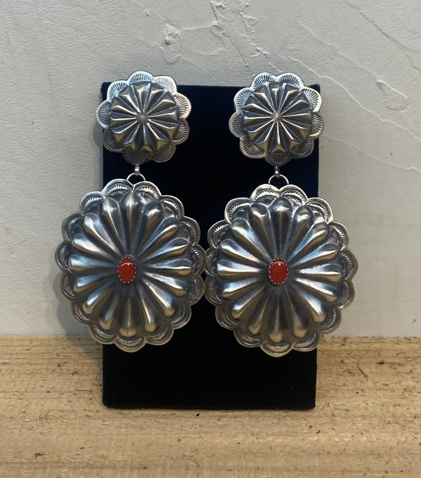 Hand Stamped Sterling Silver Concho with Coral Post Dangle Earrings by Rita Daye