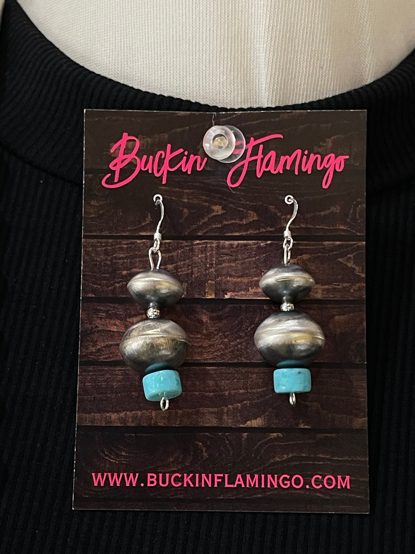 32" 15mm Handmade Navajo Pearl with Turquoise Necklace and Dangle Earrings Set by Sharon Cooley, Navajo