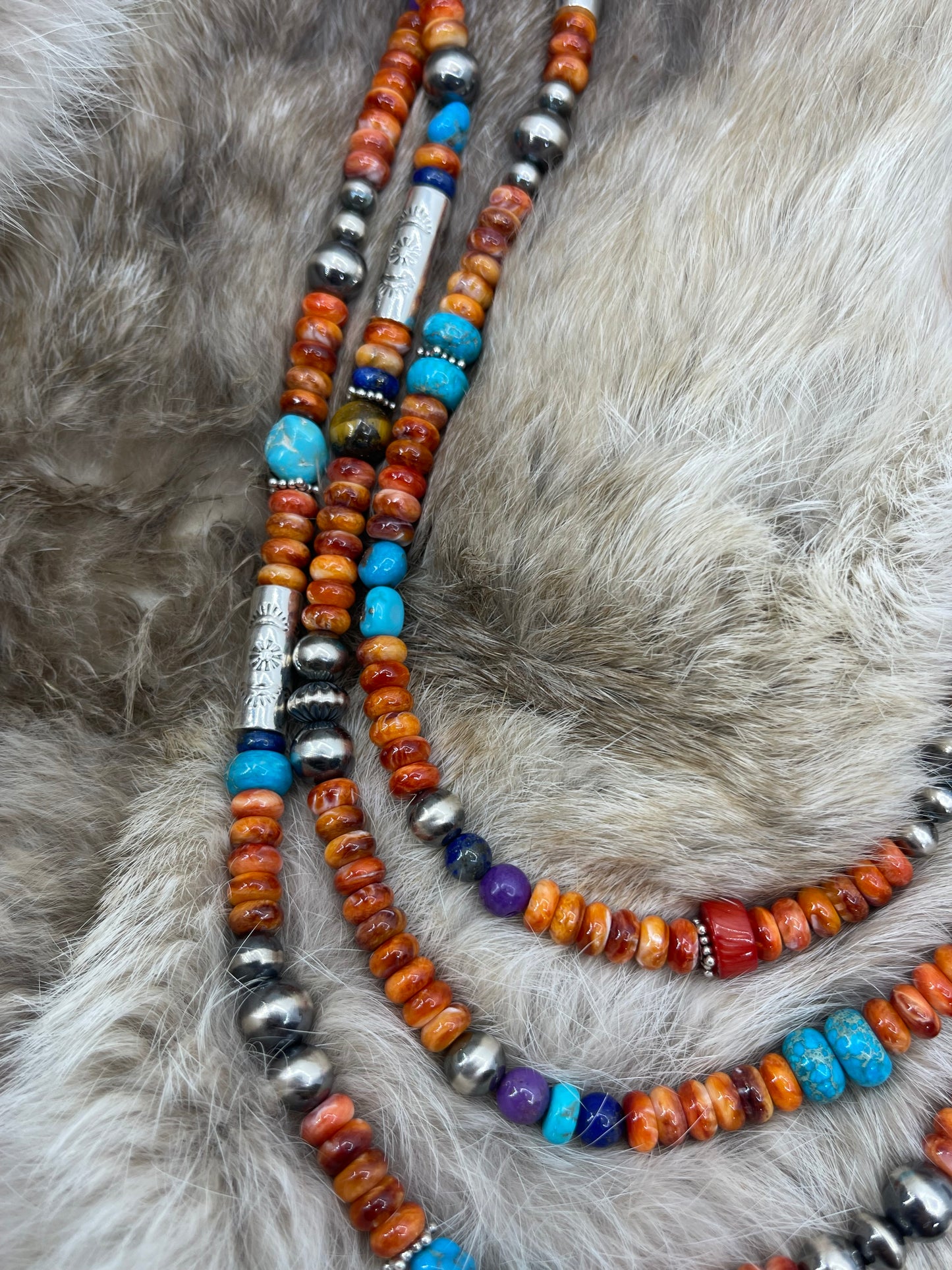 30" 3 Strand Spiny Oyster with Multi Stones & Navajo Style Pearls