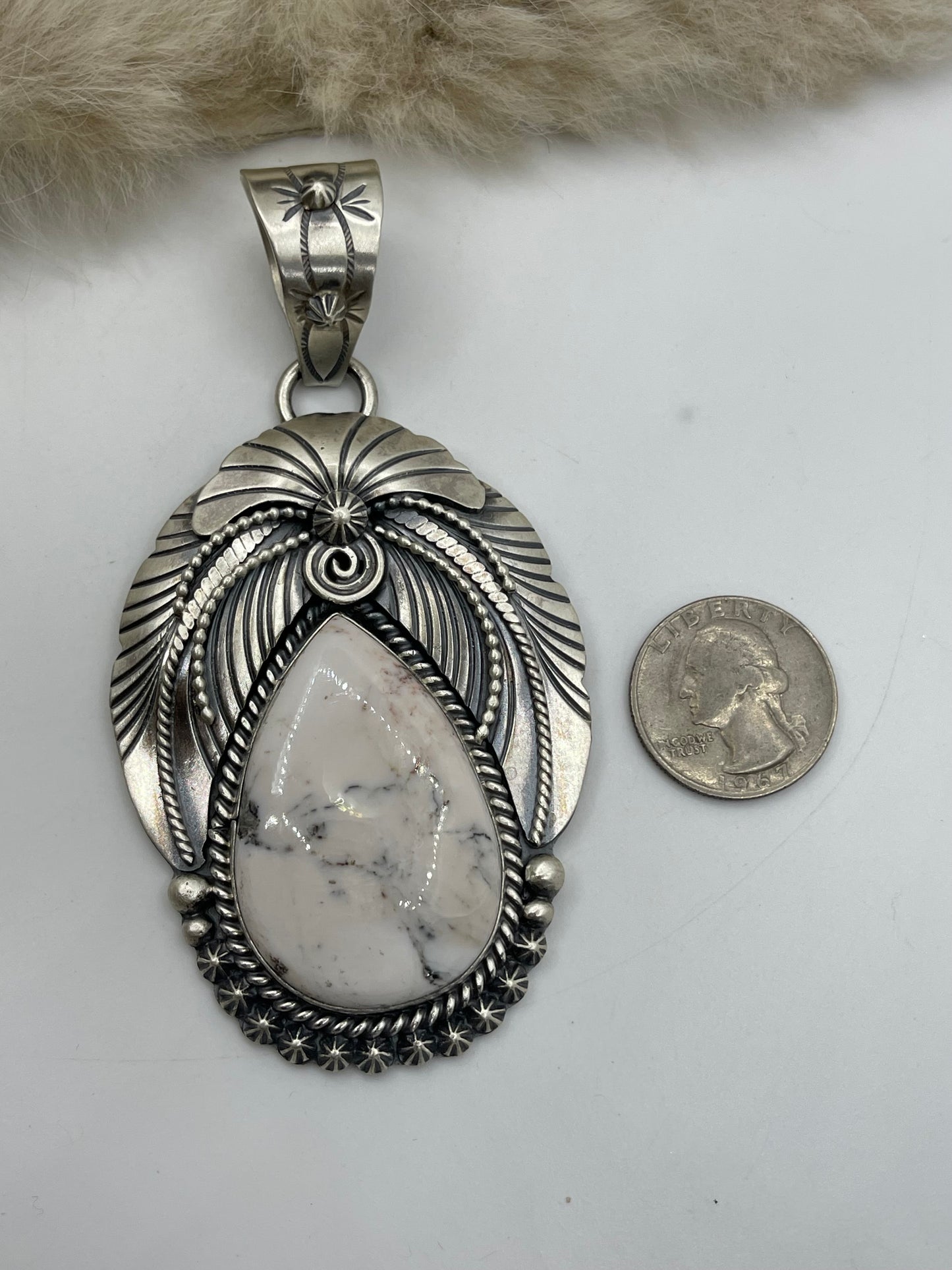 6mm Bail White Buffalo Pendant with Amazing Silver Detail by Gabby Jurado, Mexican