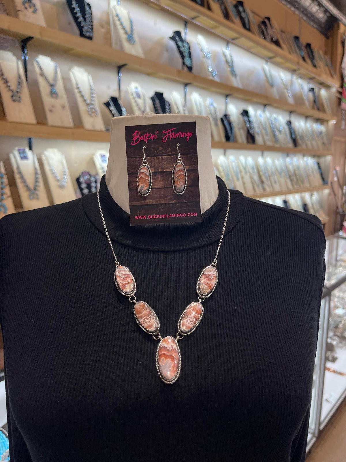 20" Crazy Lace Agate Necklace and Earring Set by Joe Begay, Navajo