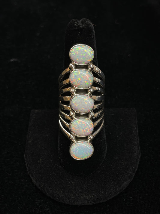 White Opal Five Stone Ring by Thomas Yazzie, Navajo