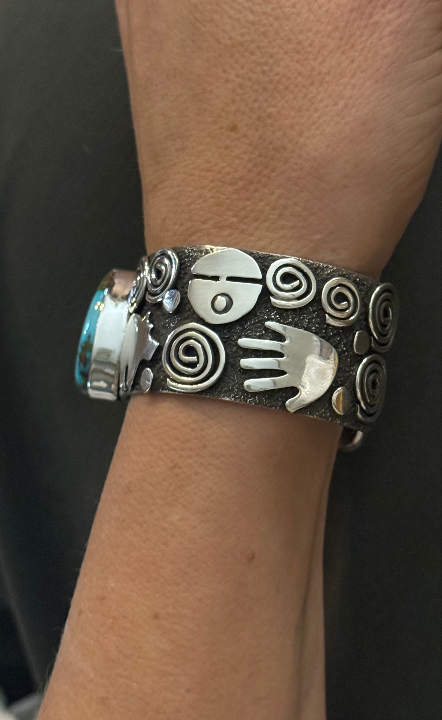 Petroglyph Cuff with High Grade Kingman Turquoise by Alex Sanchez, Navajo (medium width)