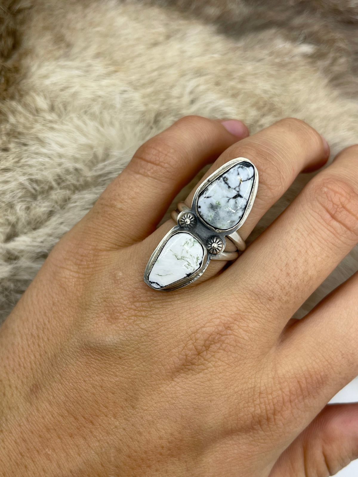 7.5 Semi Adjustable 2 Stone White Buffalo Ring by Boyd Ashley, Navajo