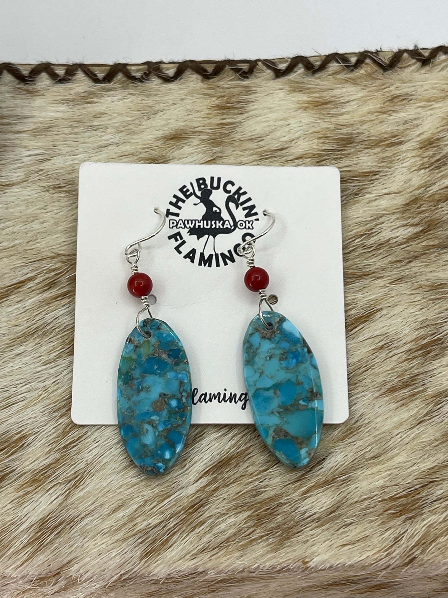 Turquoise and Red Coral Dangle Slab Earrings