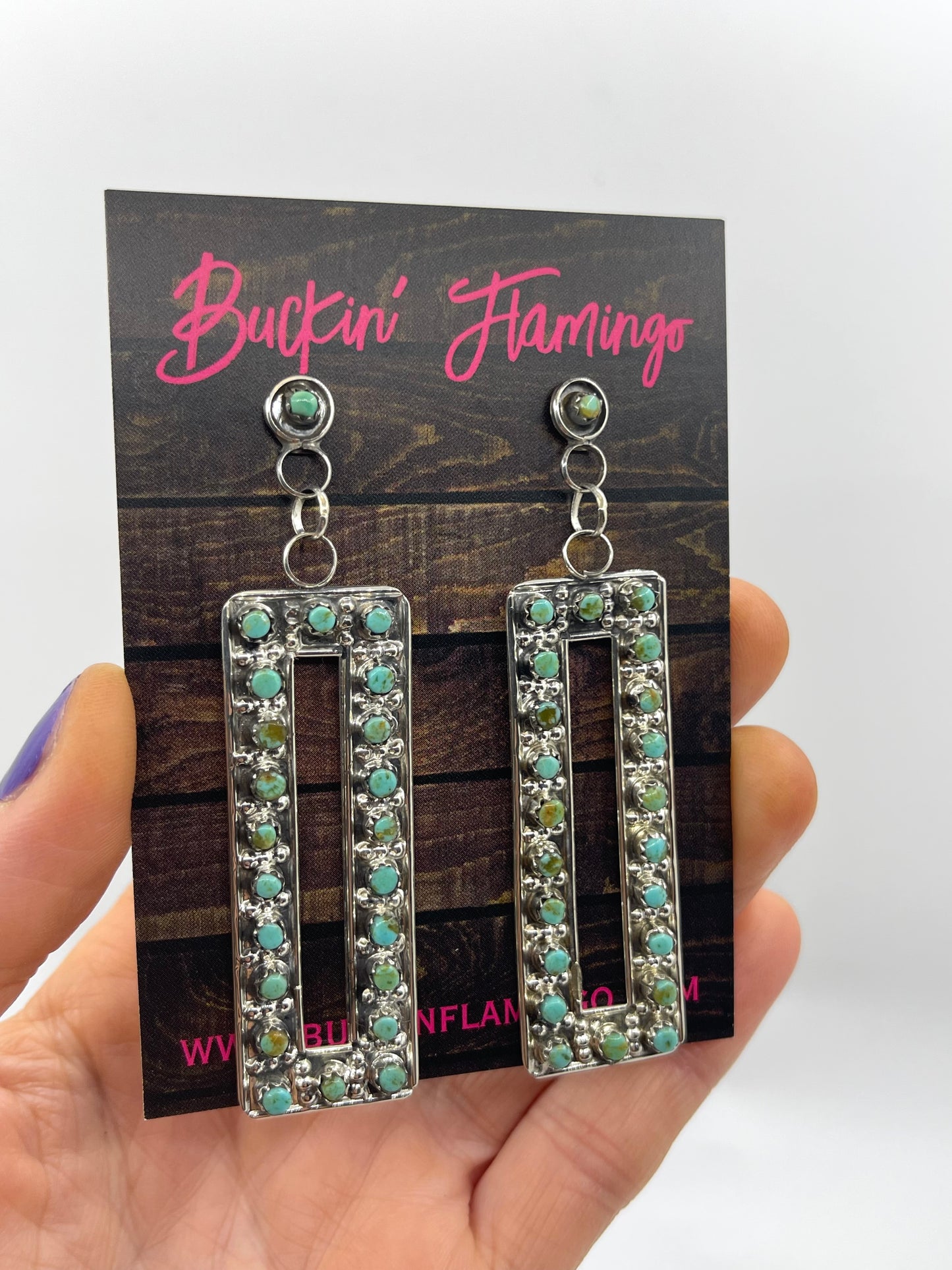 Turquoise Picture Frame Post Dangle Earrings by Marlon Quam, Zuni