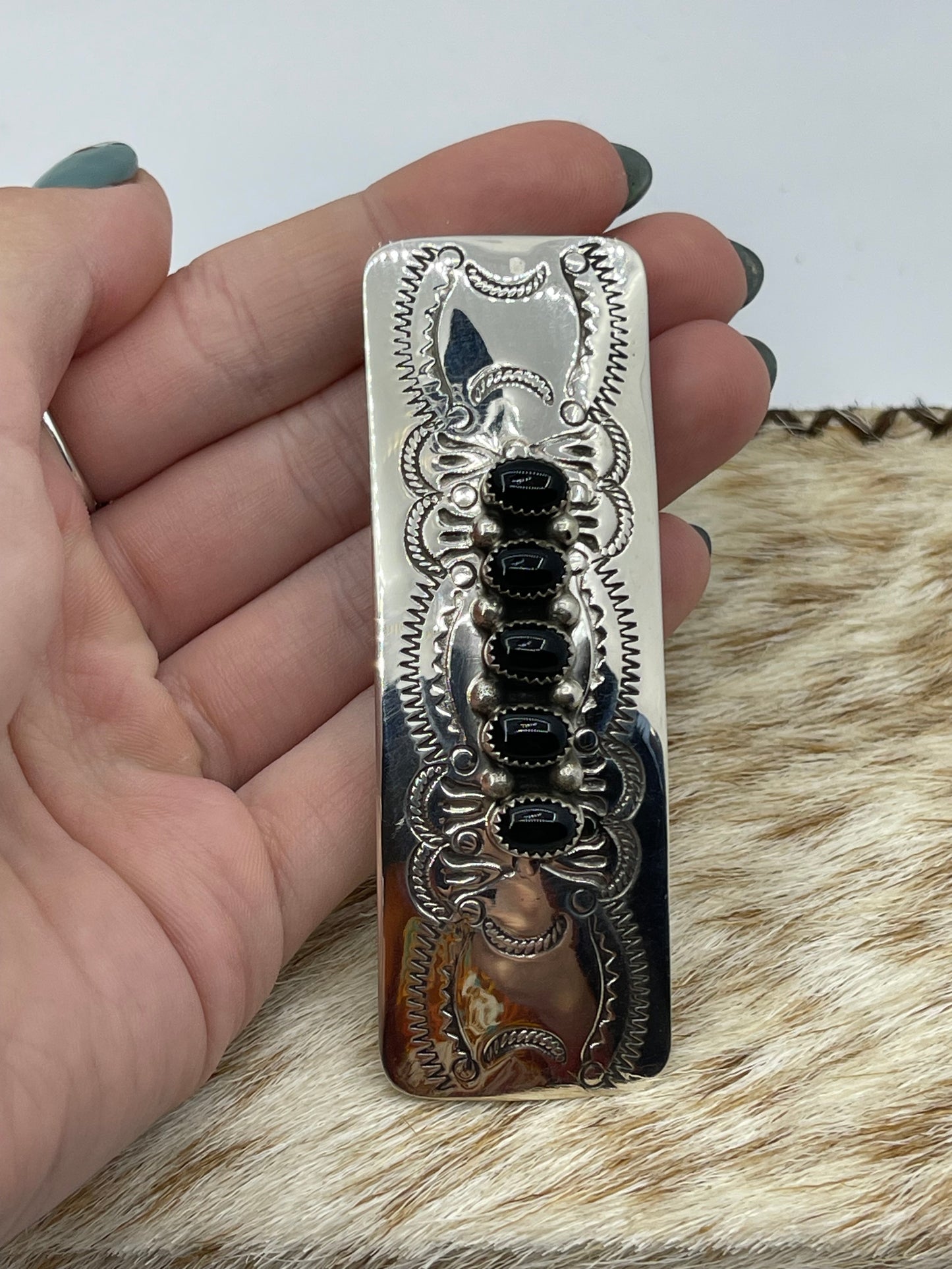 5 Stone Black Onyx Stamped Hair Barrette by Jolene Begay, Navajo