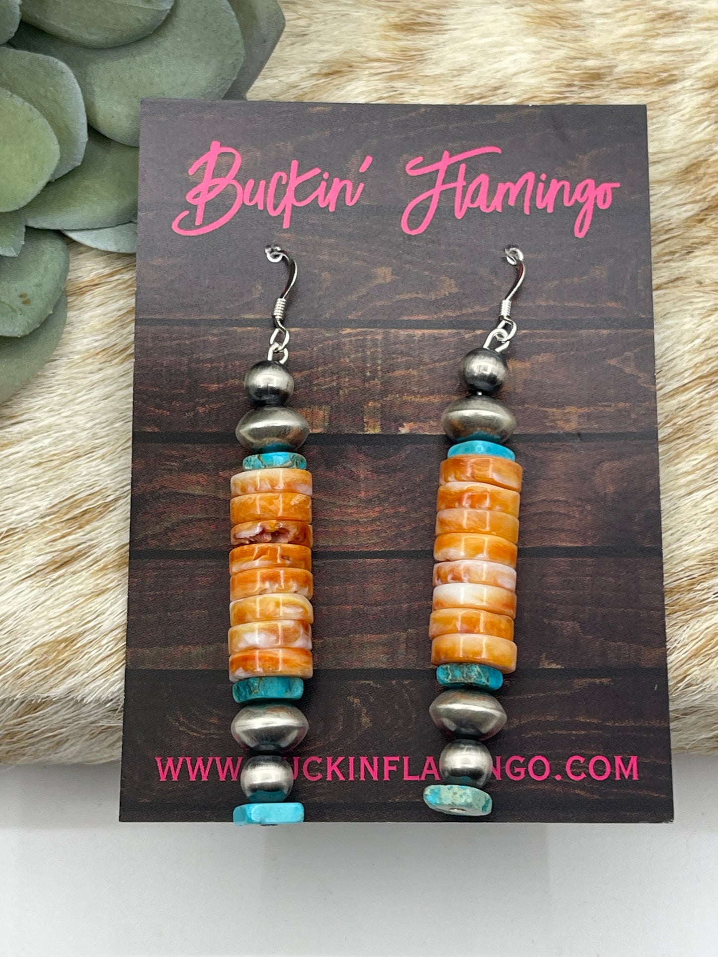 Orange Spiny Oyster Shell, Turquoise, and Navajo Pearls Dangle Earrings