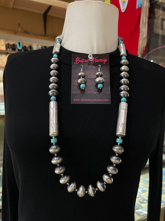 32" 15mm Handmade Navajo Pearl with Turquoise Necklace and Dangle Earrings Set by Sharon Cooley, Navajo