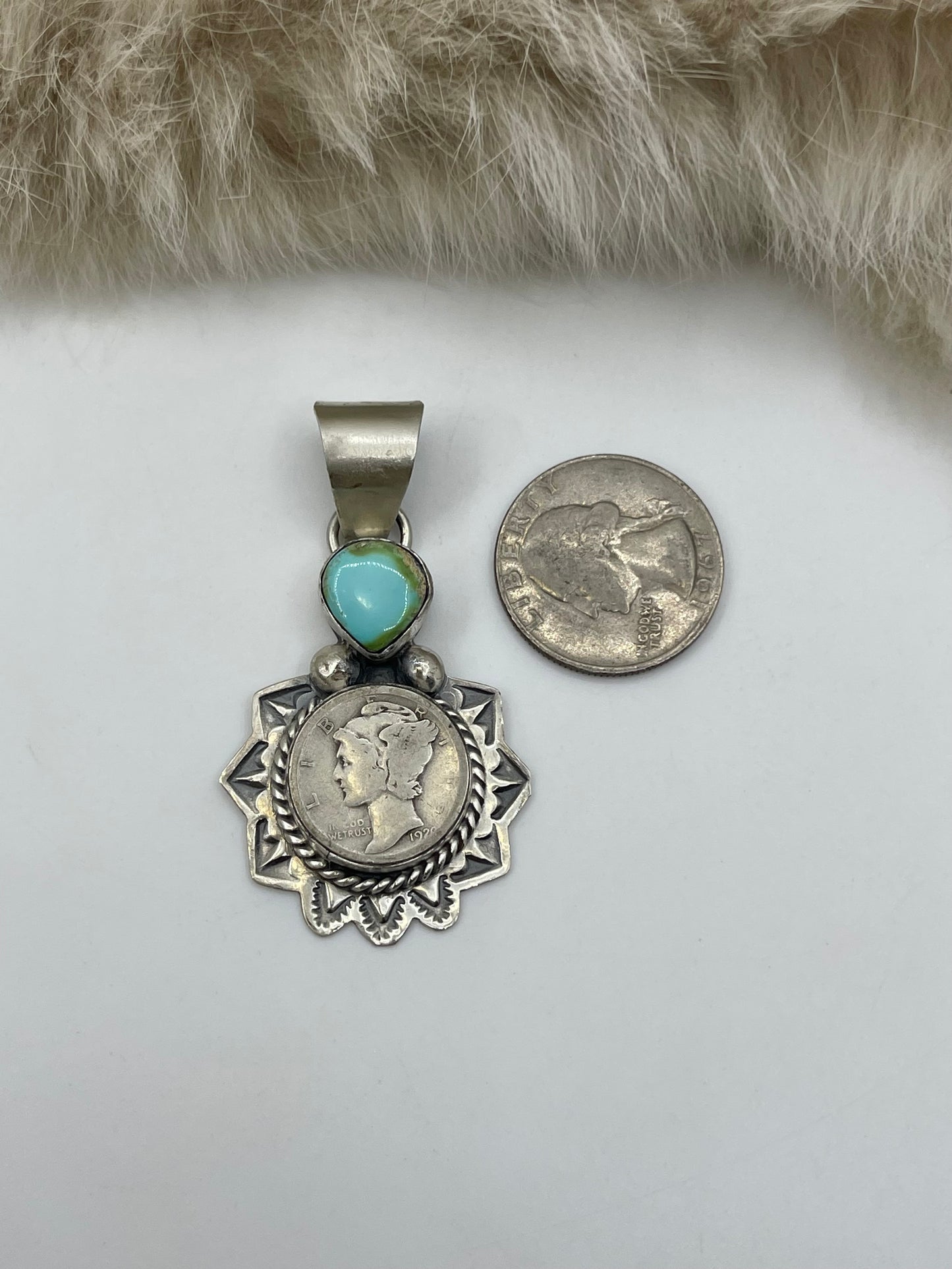 1920 Silver Mercury Dime with Sonoran Gold Turquoise by Harold Joe, Navajo