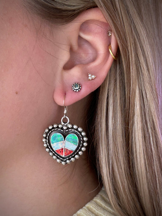 Heart Opal Dangle Earrings by Faye Lowsayatee, Zuni