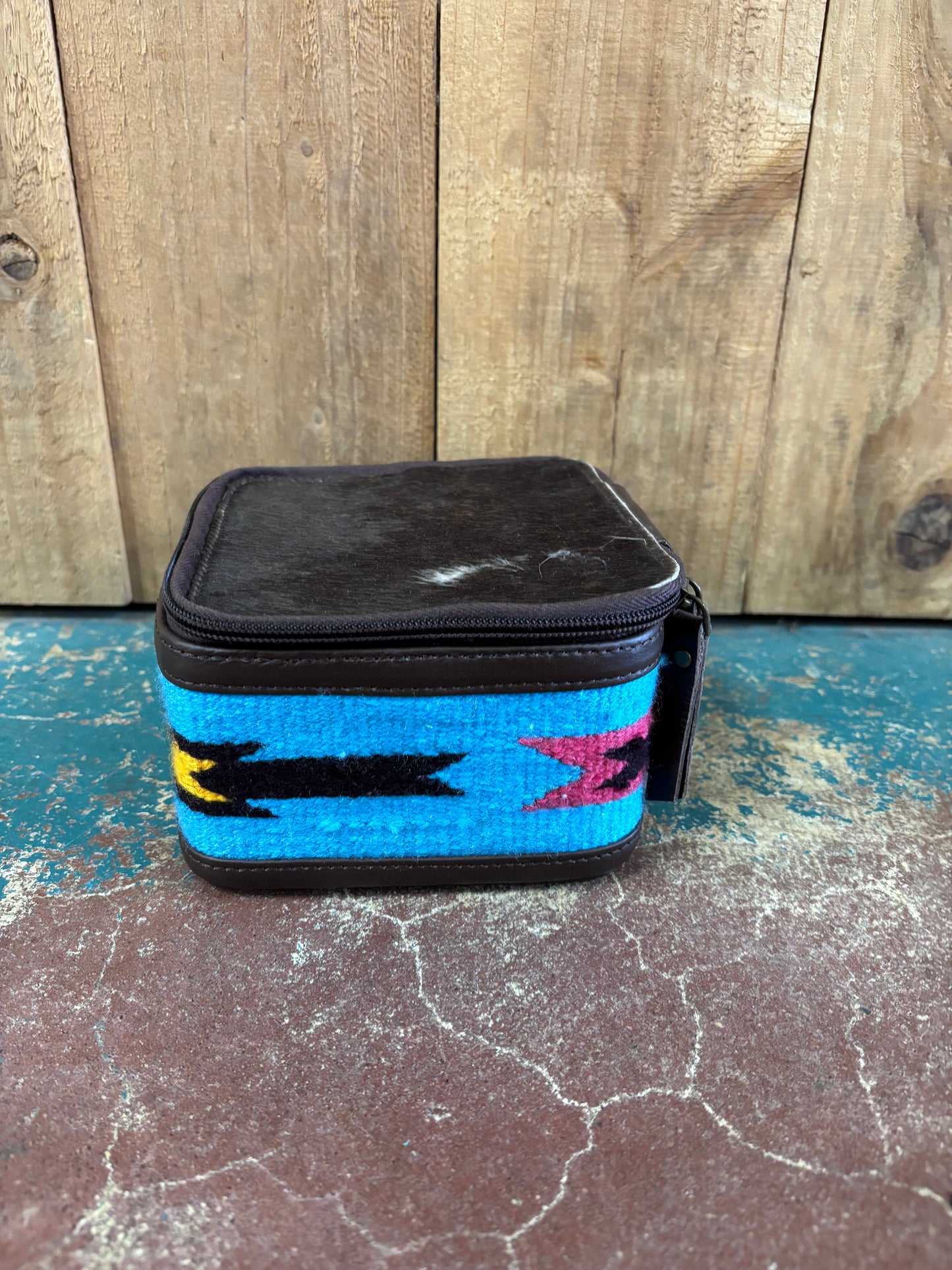 Small Square Brown Cowhide Blue Knitted Jewelry Box