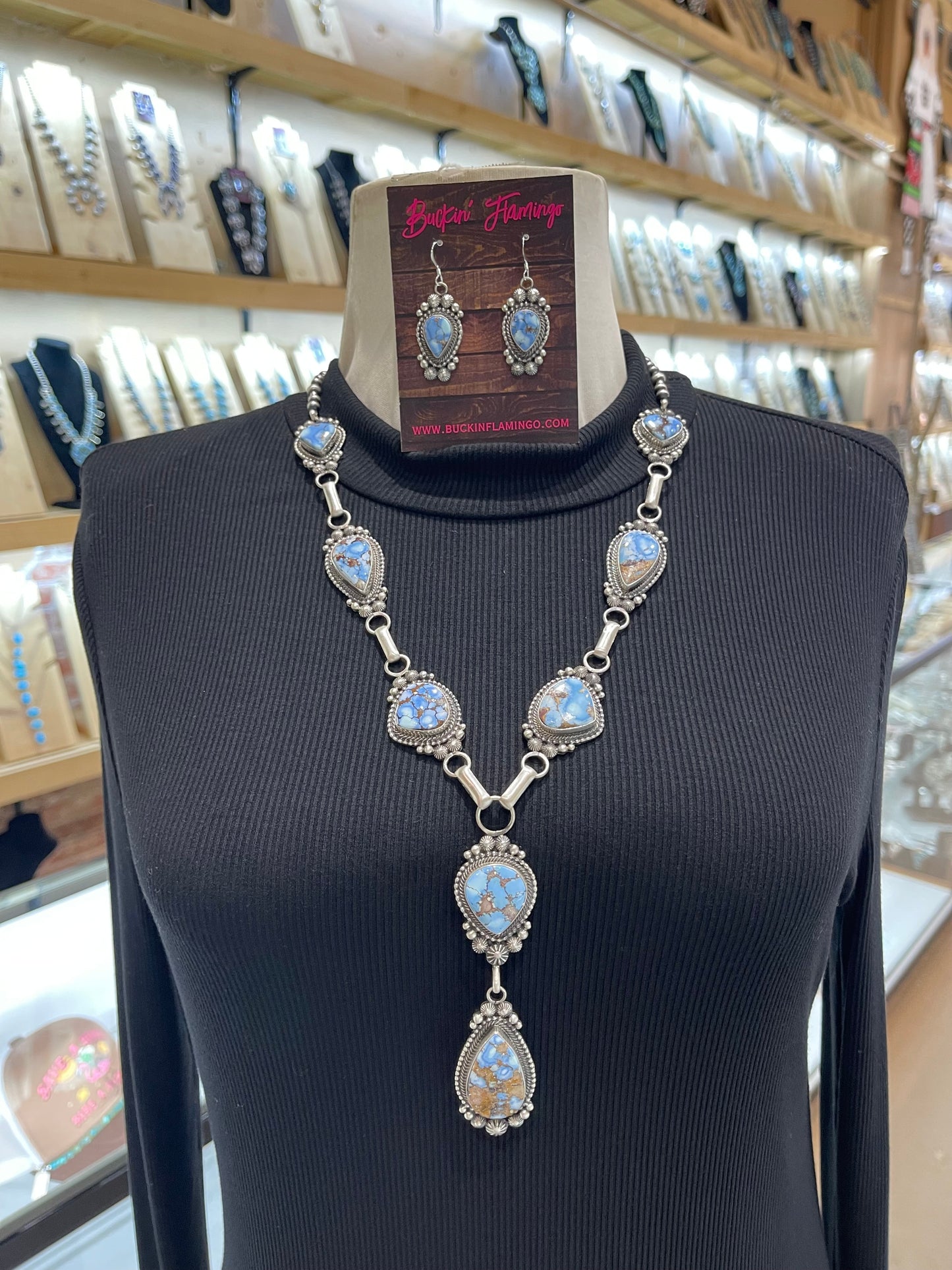 Golden Hills Turquoise Lariat 24”+4” Necklace & Earring Set by Tom Lewis, Navajo