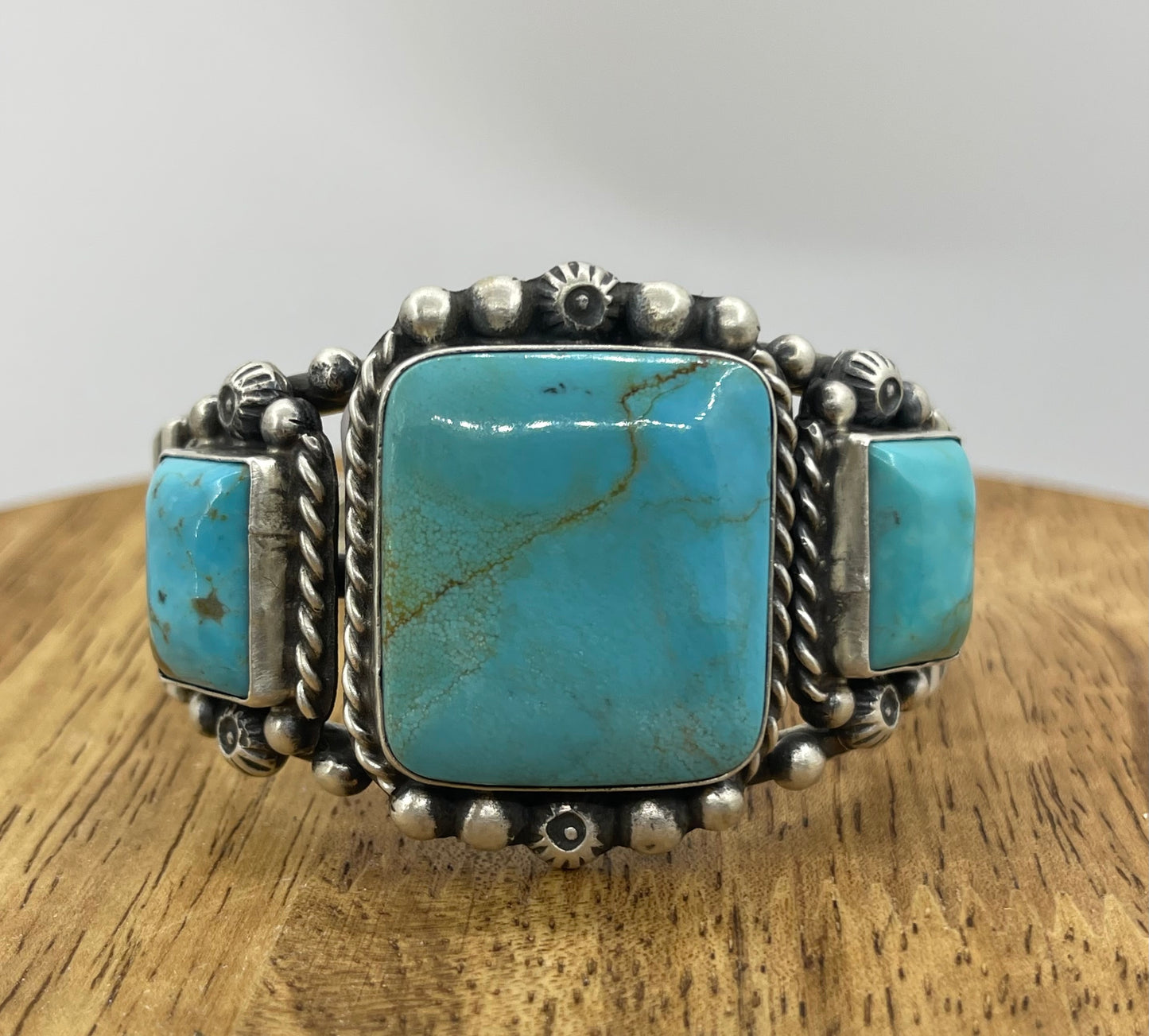5 3/4"-7 1/4" Kingman Turquoise 3 Stone Square Cuff by Augustine Largo, Navajo