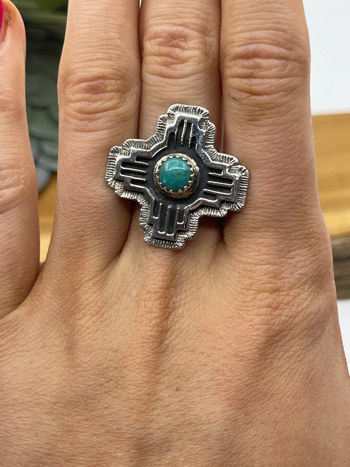 6.0 Turquoise Zia Symbol Ring by Hiram Largo, Navajo