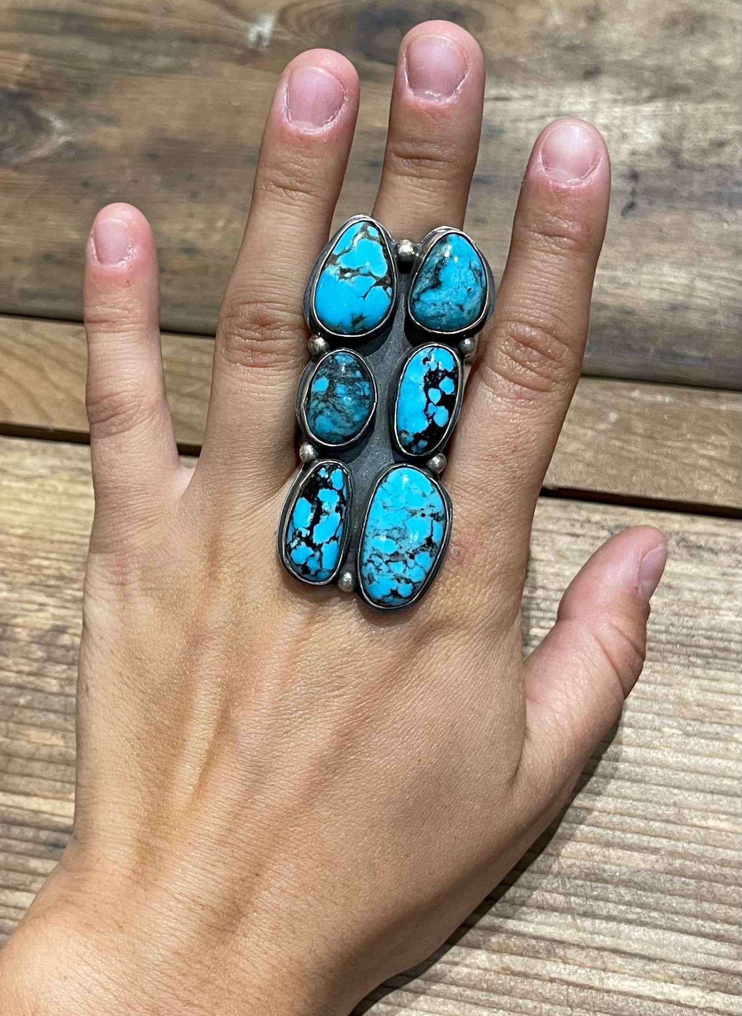 13.0 6 Stone Kingman Turquoise Ring by Gilbert Nez, Navajo