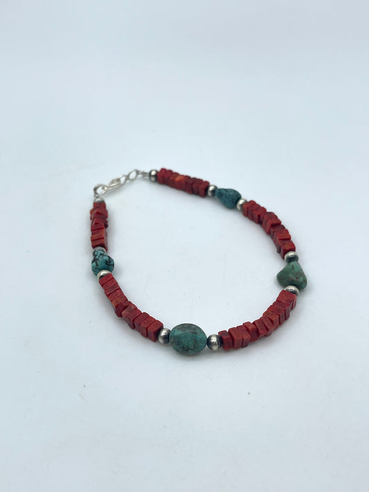 7.5" Red Coral Square Cut Beads w/ Turquoise & Navajo Style Pearls Bracelet