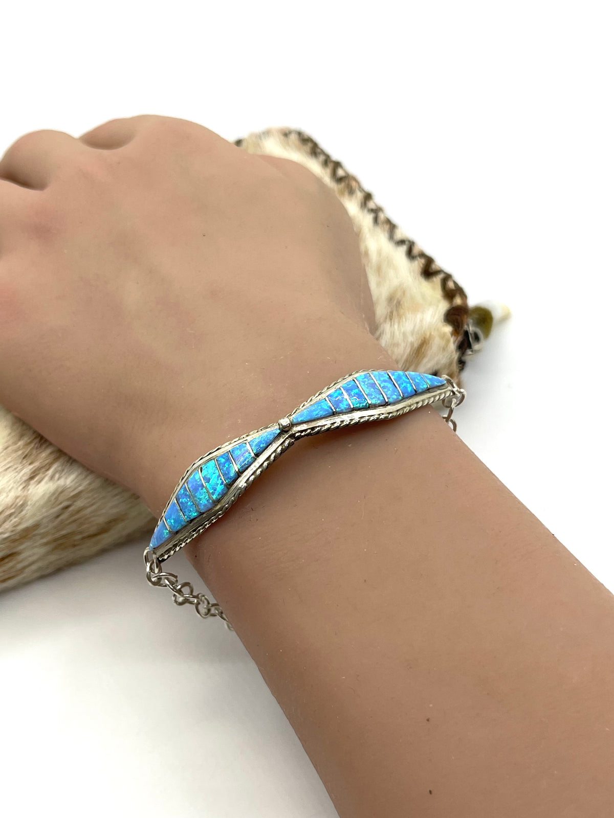 7.5” & Smaller Blue Opal Link Bracelet by Jeff Peynetsa, Zuni