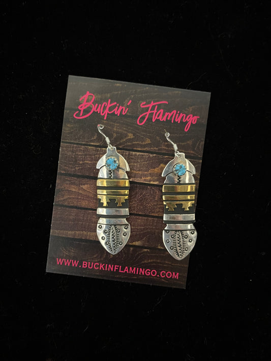 Sterling Silver, Brass and Turquoise Feather Dangle earrings by Tommy and Rose Singer, Navajo