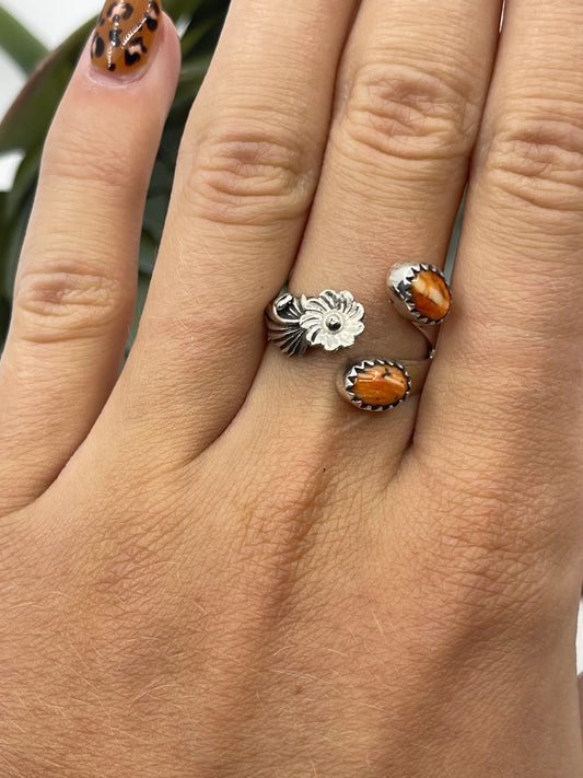 Adjustable 2 Stone Orange Spiny Oyster Shell Ring by Robert Martinez, Navajo