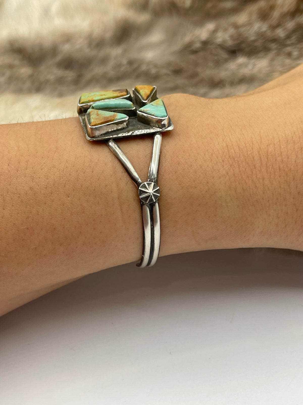5.5”-7” Kingman Turquoise 5 Stone Square Cuff by Jude Candeleria, Zuni