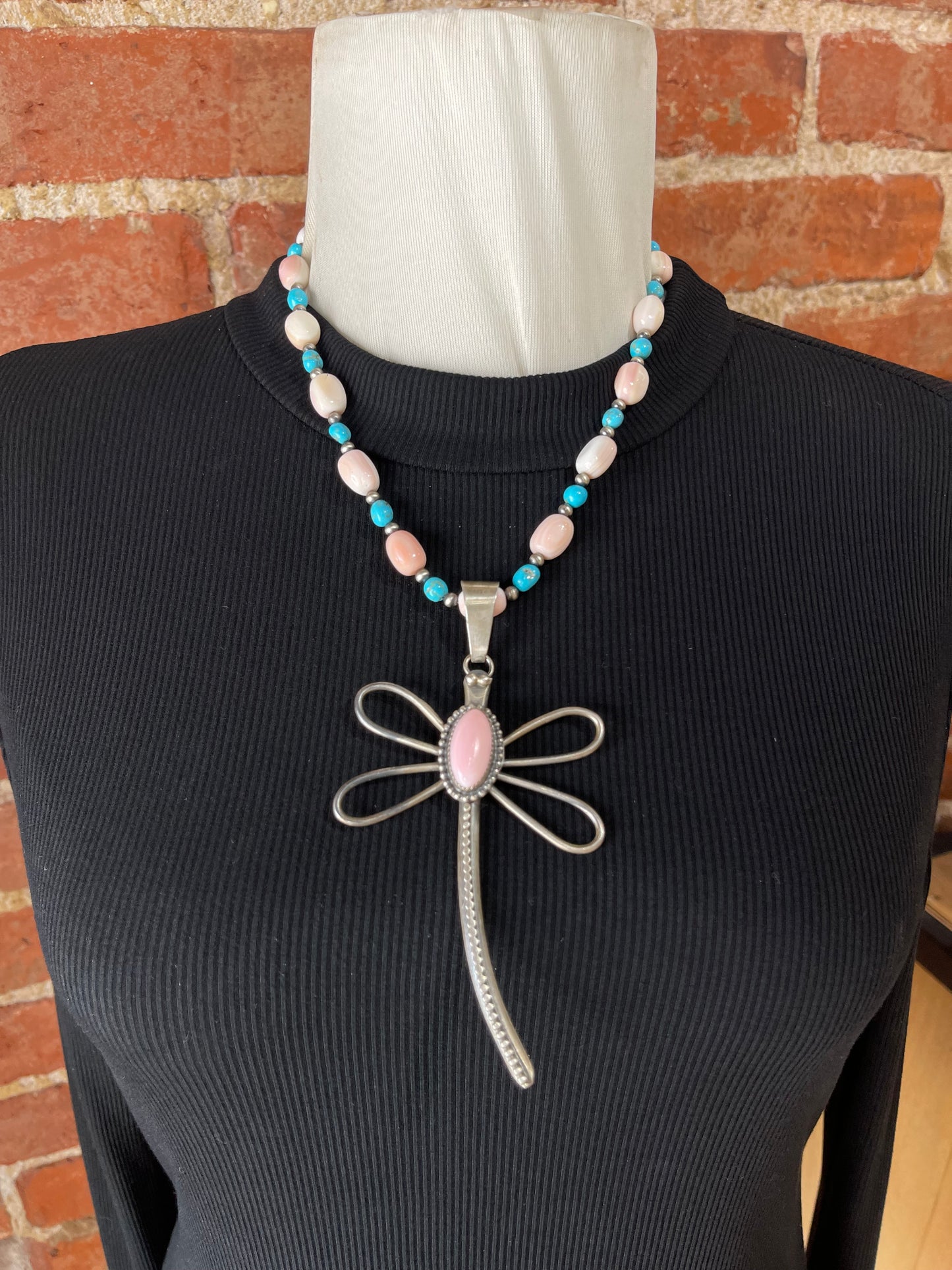 18" Pink Conch Shell & Sleeping Beauty Turquoise Necklace with Dragonfly Pendant by Delbert Secatero, Navajo
