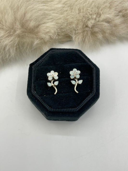 White Opal Flower Earrings by Donna Lasiloo, Zuni