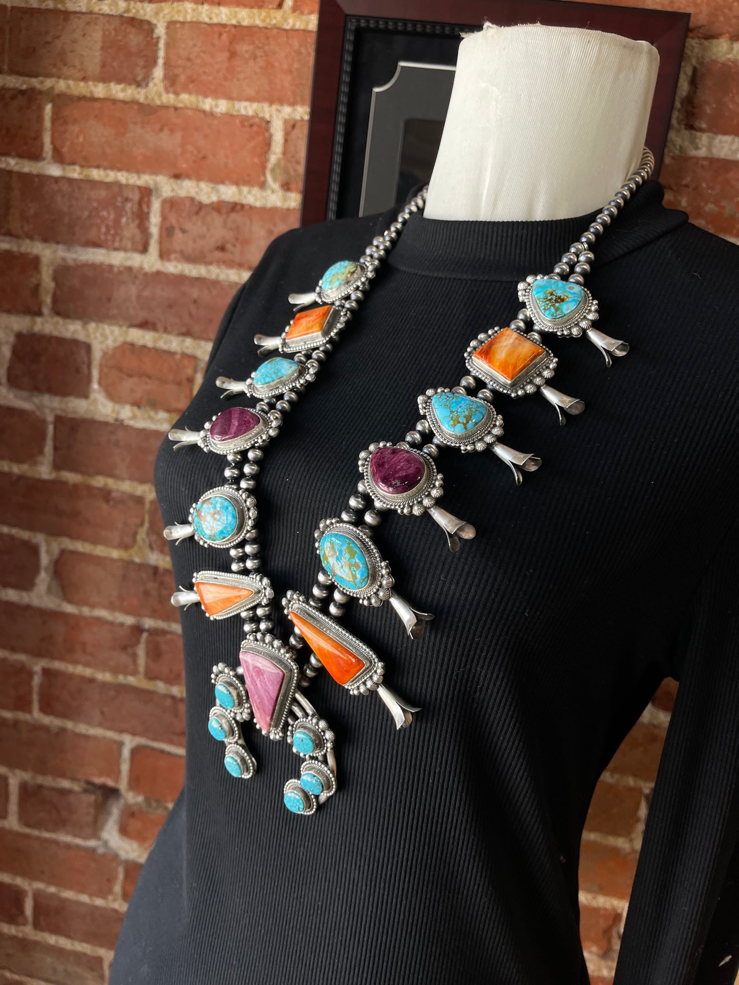 30" High Grade Kingman Turquoise, Orange Spiny, and Purple Spiny Squash Blossom by Tom Lewis, Navajo