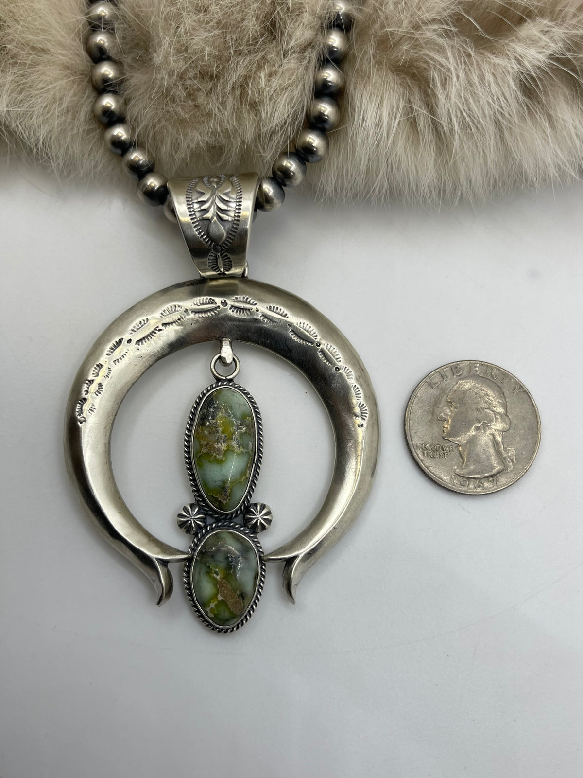 18" 6mm Navajo Style Pearls 2 Stone Palomino Turquoise Naja Pendant by Derrick Gordon, Navajo