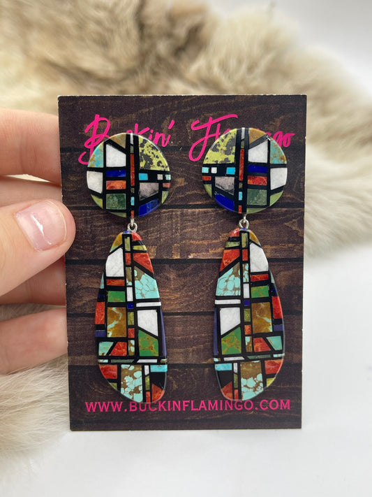 Multi Stone Inlay Post Dangle Earrings by Chris T. Nieto, Santo Domingo