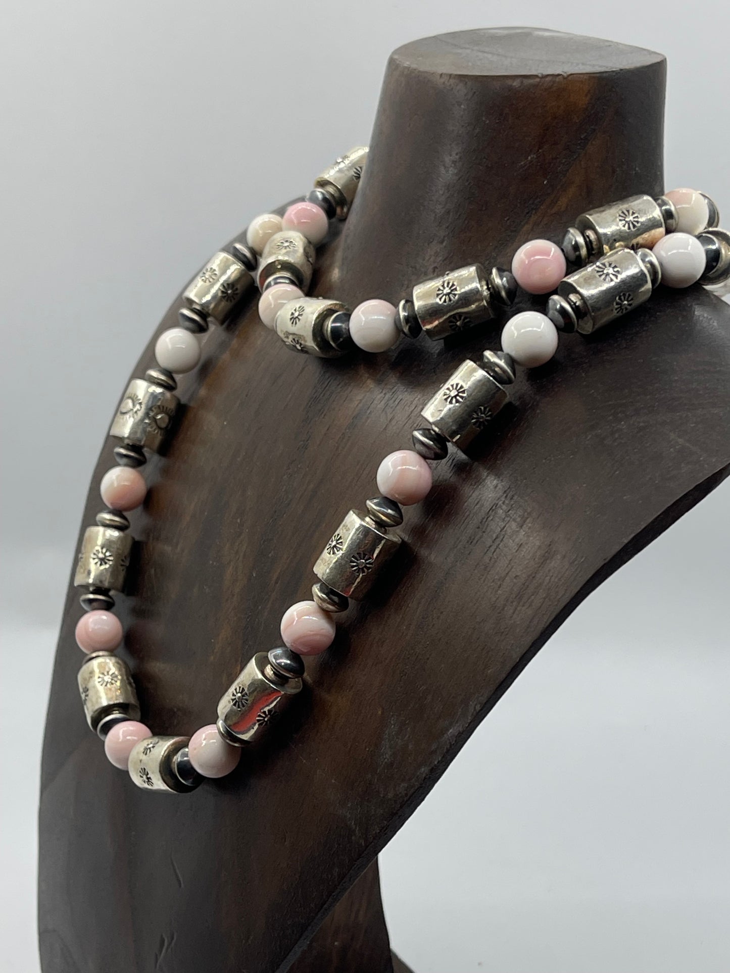30" Pink Conch Shell and Stamped Barrel Beads