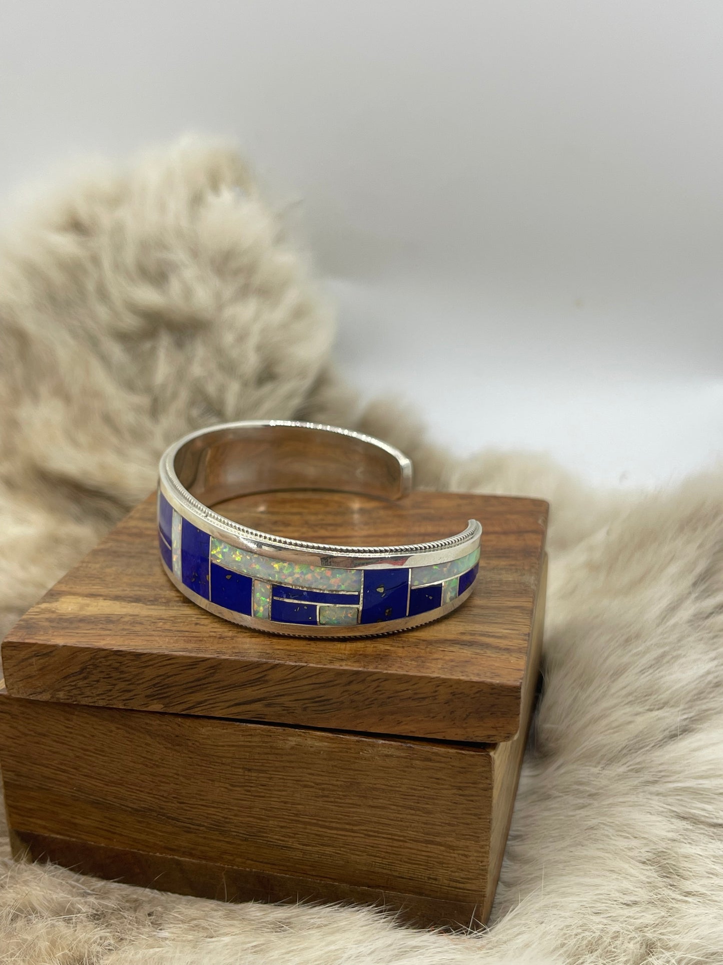 6.75" Blue Lapis & White Opal Inlay by Glendora Booga