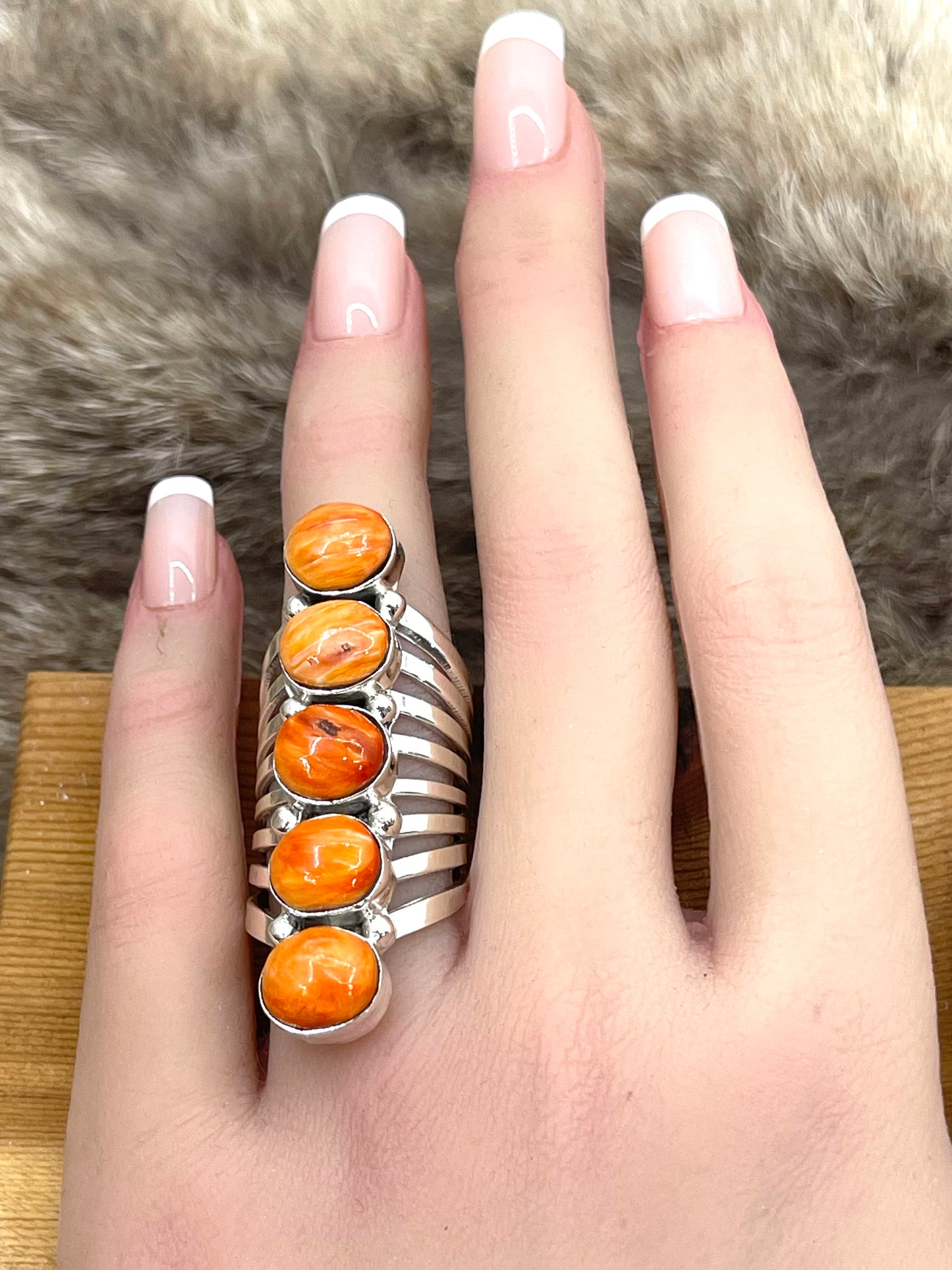 7.0 5 Stone Orange Spiny Oyster Ring
